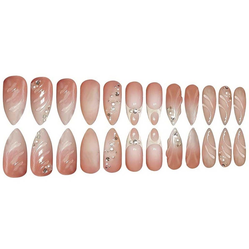 Foccna Press On Nails -Short Almond French Tip Fake Nails with 3D Pearls, Reusable Wedding Nails -24pcs, Gorgeous Nails - Image 3